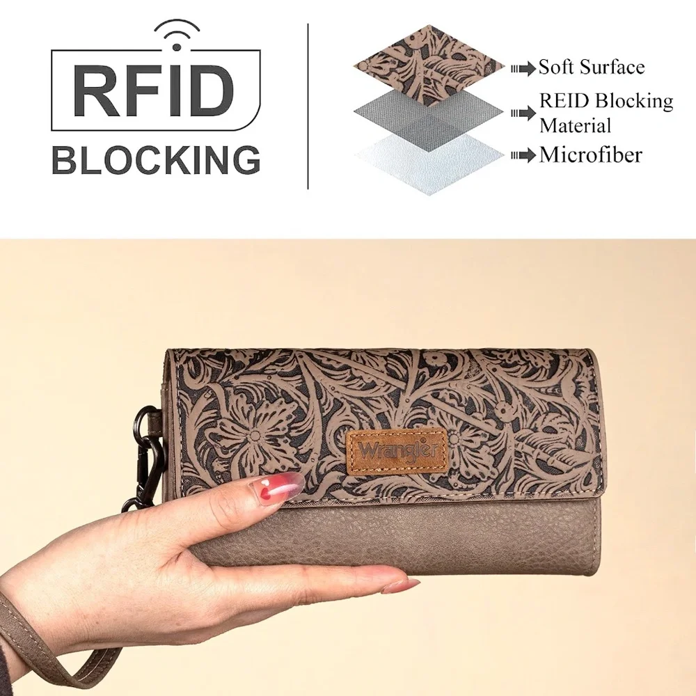 Wrangler Western Floral Tooled Tri-fold RFID Wallet/Wristlet Lime